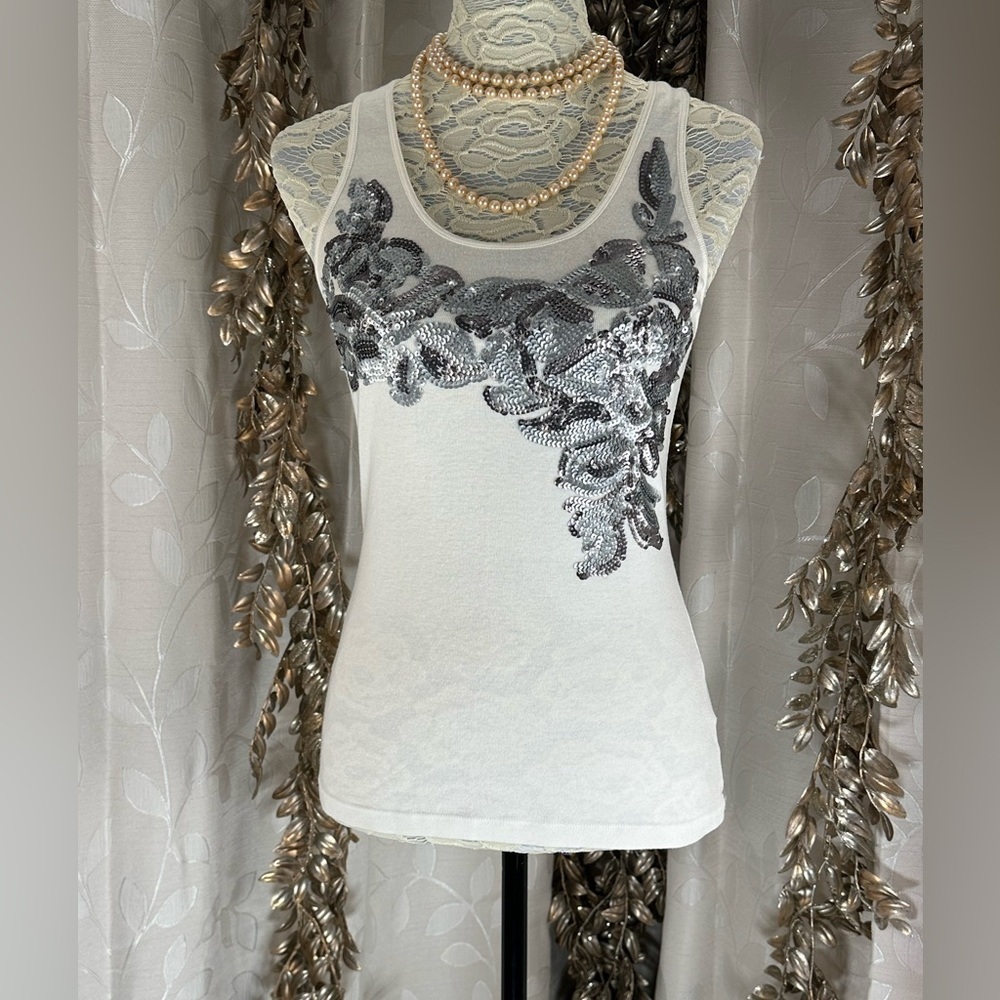 APT. 9 Women’s Small White Sequin Tank Top‎ - Glam Chic Style Floral  Festival
